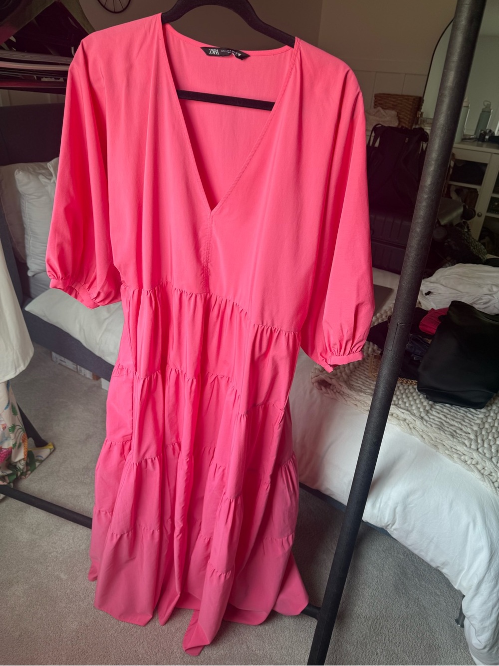 Zara Bright Pink Tiered V-Neck Midi Dress